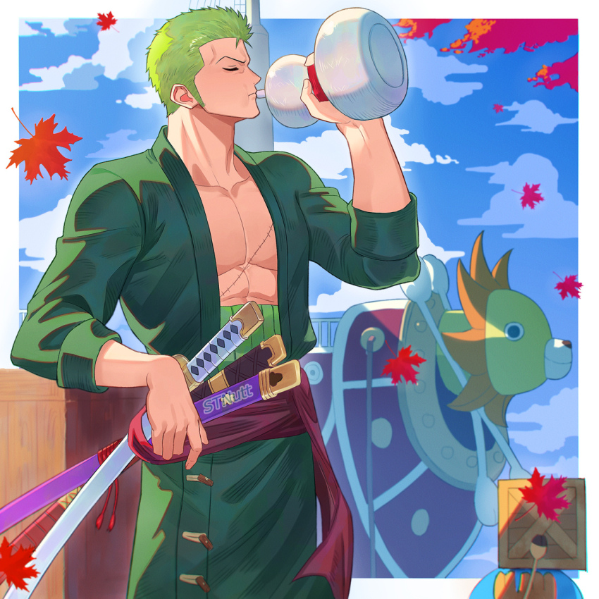 1boy autumn_leaves blue_sky bottle closed_eyes cloud cloudy_sky commentary_request cowboy_shot drinking elbow_rest falling_leaves green_hair green_shirt haramaki highres holding holding_bottle katana leaf male_focus multiple_swords one_piece open_clothes open_shirt outdoors pectorals pirate_ship profile roronoa_zoro sake_bottle scar scar_on_chest sheath sheathed shirt short_hair sky solo stnutt sword thousand_sunny weapon