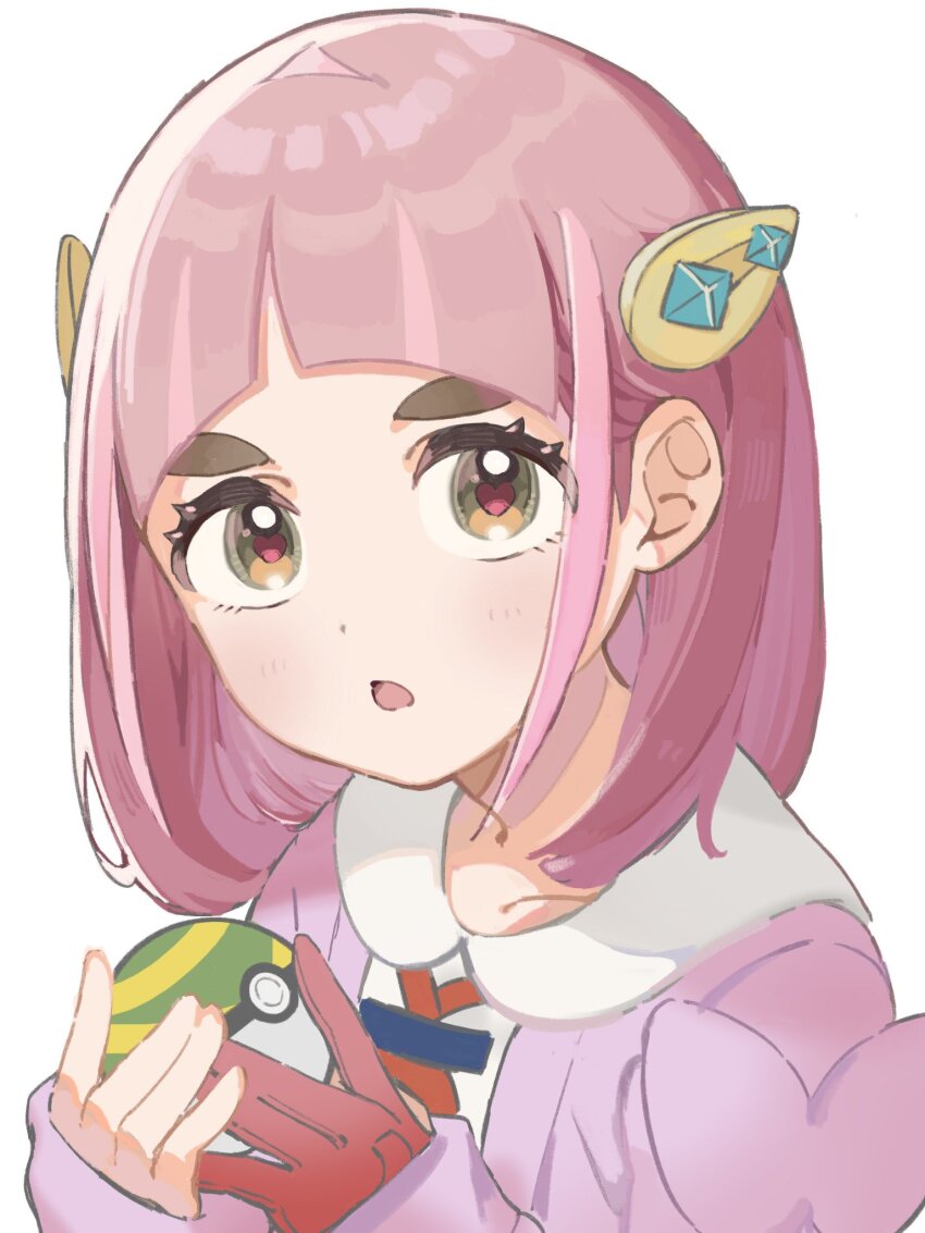 1girl :o arched_bangs blush cardigan collared_shirt commentary_request gloves hair_ornament hairclip hands_up heart heart-shaped_pupils highres holding holding_poke_ball lacey_(pokemon) looking_at_viewer nest_ball nintendo open_mouth own_hands_together pe_cippe pink_hair poke_ball pokemon pokemon_sv red_gloves shirt single_glove solo symbol-shaped_pupils upper_body white_shirt