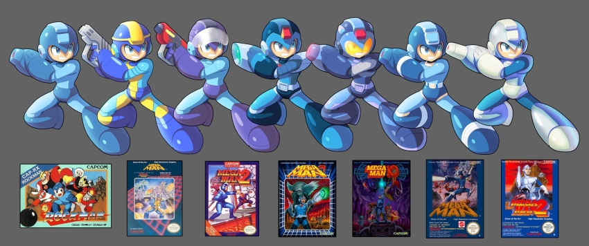 adapted_costume arm_cannon blue_sky box_art clenched_teeth energy_gun gloves grey_background gun helmet highres looking_at_viewer male_focus mega_man_(character) mega_man_(classic) mega_man_(series) mega_man_1 mega_man_10 mega_man_2 mega_man_9 multiple_persona ray_gun sky teeth ultimatemaverickx visor weapon