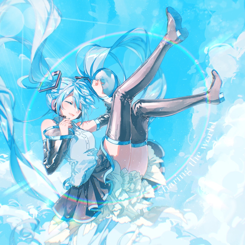 1girl absurdres aqua_hair black_skirt blue_sky boots breasts cai_(user_tyha8354) closed_eyes detached_sleeves falling hair_between_eyes hair_ornament hatsune_miku headphones highres long_hair long_sleeves medium_breasts open_mouth pleated_skirt rainbow shirt skirt sky sleeveless sleeveless_shirt solo thigh_boots twintails very_long_hair vocaloid white_shirt wide_sleeves