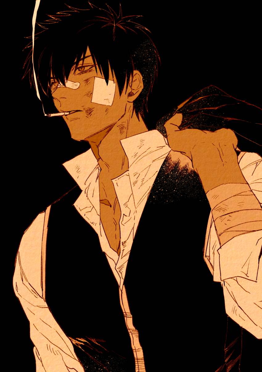 1boy absurdres bandaged_arm bandages bandaid bandaid_on_face bandaid_on_nose black_background black_hair black_vest cigarette commentary_request gintama highres hijikata_toushirou holding holding_unworn_clothes limited_palette looking_ahead male_focus mouth_hold over_shoulder shirt short_hair simple_background smoke smoke_trail smoking solo upper_body vest white_shirt xi_hsi