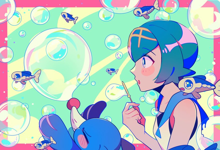 1girl :o blowing_bubbles blue_eyes blue_hair blue_sailor_collar blush_stickers bright_pupils bubble bubble_wand commentary fish from_side gen_7_pokemon hairband hand_up highres lana_(pokemon) nintendo open_mouth pokemon pokemon_(creature) pokemon_sm popplio sailor_collar selyg15 shirt short_hair sleeveless sleeveless_shirt symbol-only_commentary white_pupils white_shirt wishiwashi yellow_hairband