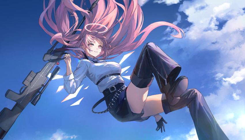 1girl absurdres ammunition_belt arknights belt black_belt black_gloves black_shoes black_shorts blue_sky bolt_action breasts charm_(object) commentary_request day detached_pants detached_wings falling floating_hair gloves gun half_gloves halo hand_up highres holding holding_gun holding_weapon kuza_brs large_breasts lemuen_(arknights) long_hair long_sleeves looking_at_viewer necktie pink_eyes pink_hair rifle scope shirt shirt_tucked_in shoes shorts single_half_glove sky smile sniper_rifle solo thighs traditional_halo underbust very_long_hair weapon white_halo white_shirt wings zipper
