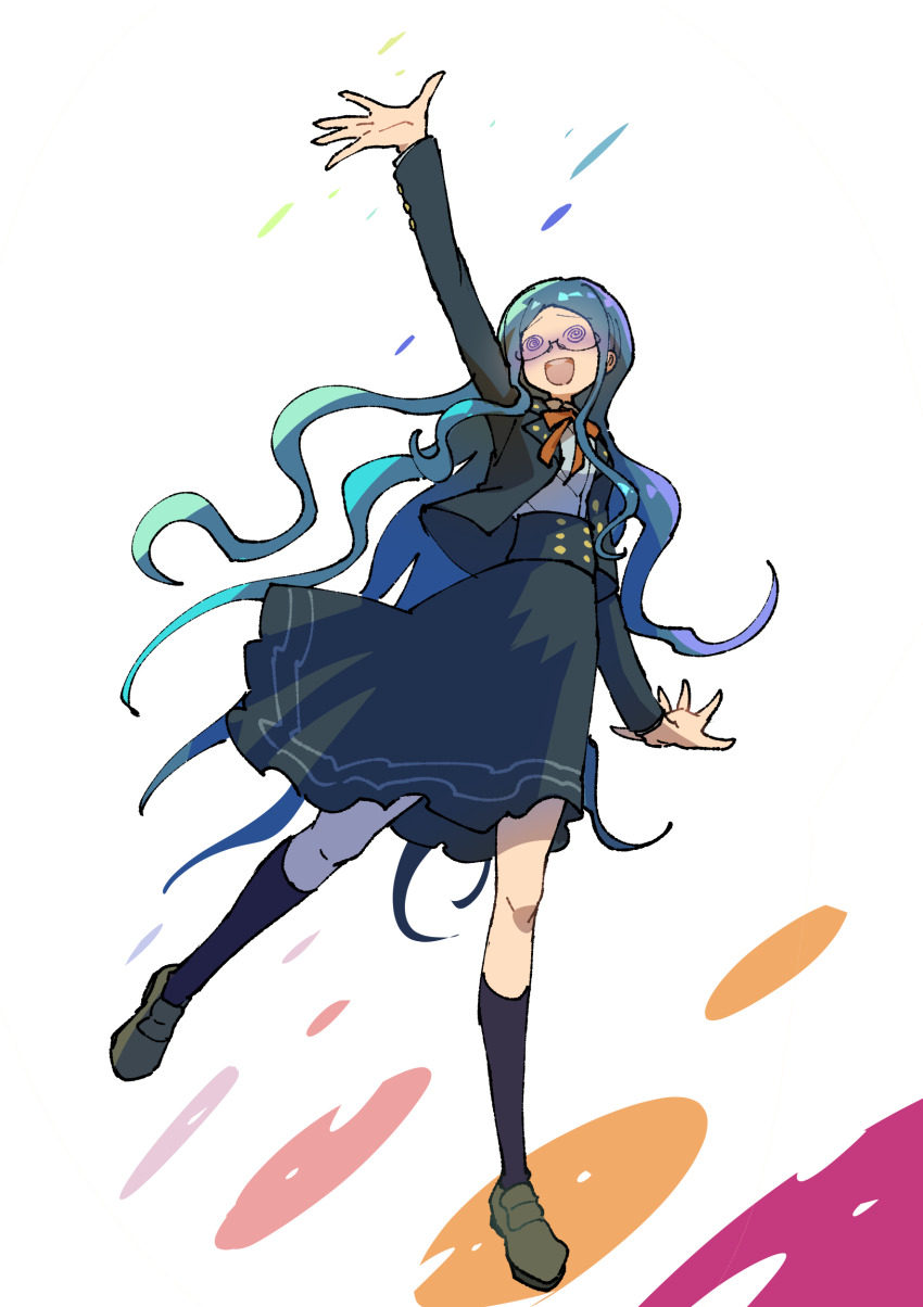 1girl @_@ absurdres arm_up black_jacket black_skirt black_socks brown_shoes danganronpa_(series) danganronpa_v3:_killing_harmony full_body glasses highres jacket long_sleeves open_clothes open_jacket orange_background shirogane_tsumugi shirt shoes simple_background skirt socks solo white_background white_shirt youko-shima