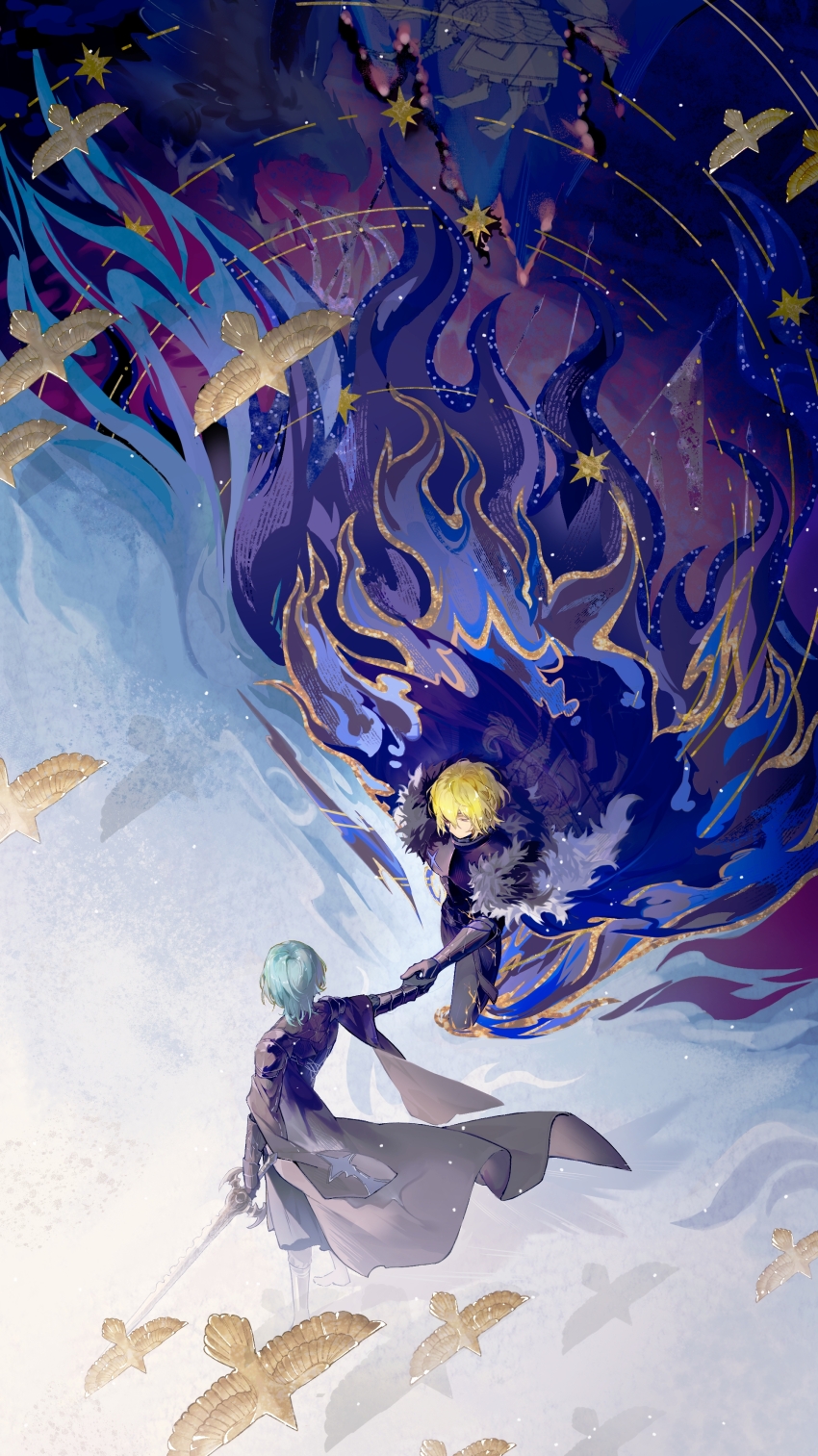 2boys absurdres animal armor bird black_armor black_cape black_fur blonde_hair blue_cape blue_eyes boots male_byleth_(enlightened)_(fire_emblem) male_byleth_(fire_emblem) cape chinese_commentary commentary_request diamond_(shape) dimitri_alexandre_blaiddyd dimitri_alexandre_blaiddyd_(timeskip) fire_emblem fire_emblem:_three_houses floating_clothes flying from_above green_hair highres holding holding_hands holding_sword holding_weapon looking_at_another male_focus multiple_boys nanyi261 nintendo outstretched_arm shadow standing sword weapon white_fur