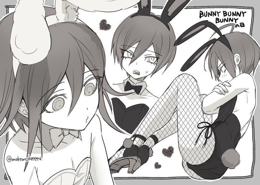 2boys ahoge animal_ears backless_leotard bare_shoulders black_hair black_leotard blush bow bowtie commentary crossdressing crossed_arms danganronpa_(series) danganronpa_v3:_killing_harmony detached_collar embarrassed english_text eyelashes fake_animal_ears fake_tail fishnet_pantyhose fishnets flipped_hair from_side greyscale hair_between_eyes heart high_heels highleg highleg_leotard knees_up leotard long_sleeves male_focus male_playboy_bunny medium_hair mokemokeeeee monochrome multiple_boys oma_kokichi open_mouth pantyhose playboy_bunny pout rabbit_ears rabbit_tail ringed_eyes saihara_shuichi short_hair simple_background sitting smile strapless strapless_leotard sweatdrop tail trap twitter_username