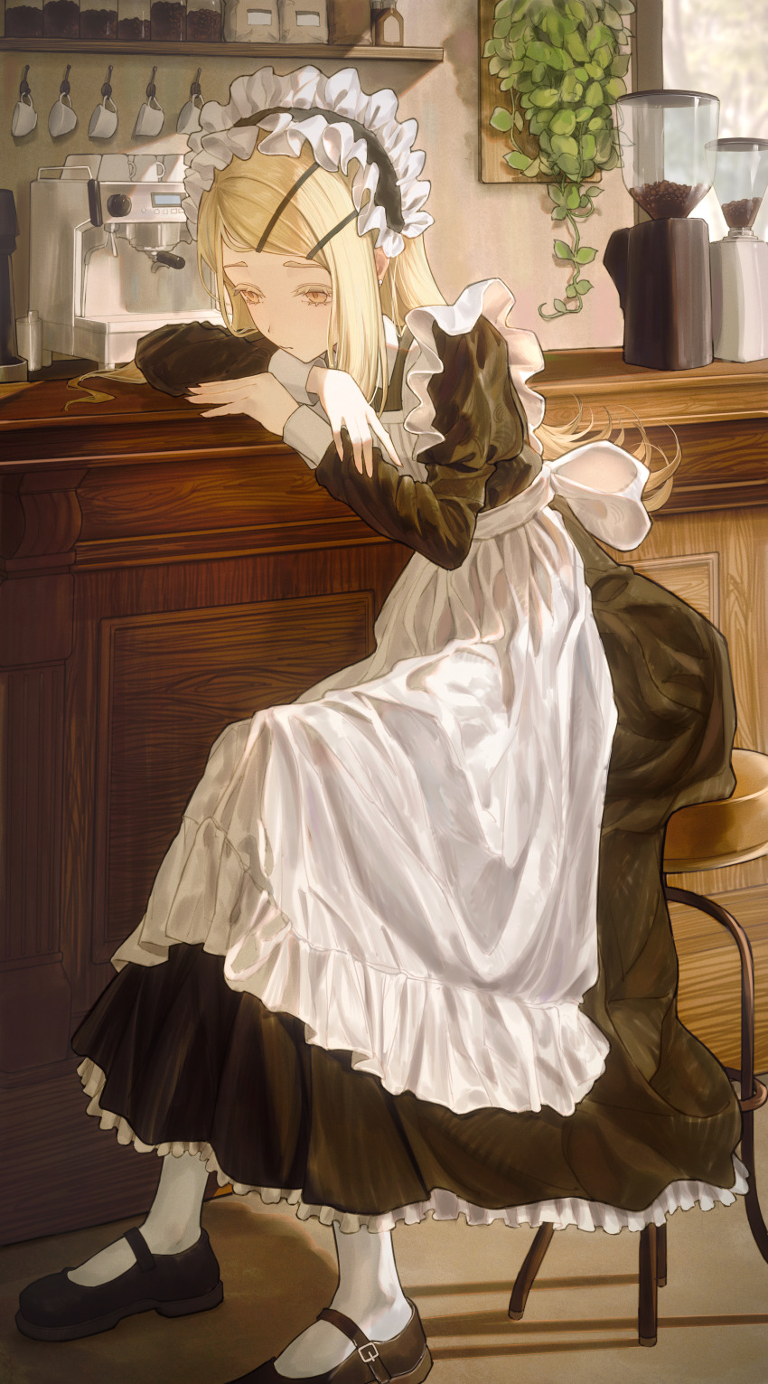 1girl absurdres apron arms_on_table bar_(place) bar_stool black_dress black_shoes blonde_hair coffee_maker commentary_request crane666 cup dress frilled_apron frilled_hairband frills gakuen_idolmaster hairband head_rest highres idolmaster long_hair maid maid_headdress mary_janes plant potted_plant shinosawa_hiro shoes sitting socks solo stool teacup white_apron white_socks wrist_cuffs