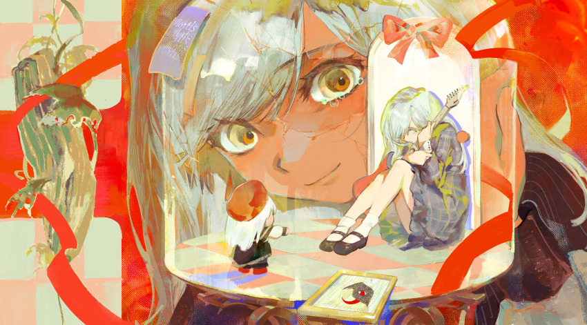 absurdres bang_dream! bang_dream!_it&#039;s_mygo!!!!! bell_jar character_doll closed_mouth crying crying_with_eyes_open cucumber electric_guitar green_hair guitar highres holding holding_guitar holding_instrument hugging_object in_container instrument knees_up lanmi_lemmy long_hair long_sleeves looking_at_another mini_person minigirl mortis_(bang_dream!) mortis_(costume)_(bang_dream!) mortis_(persona)_(bang_dream!) multiple_persona procreate_(medium) red_ribbon ribbon shoes sidelocks sitting smile tears tile_floor tiles wakaba_mutsumi yellow_eyes