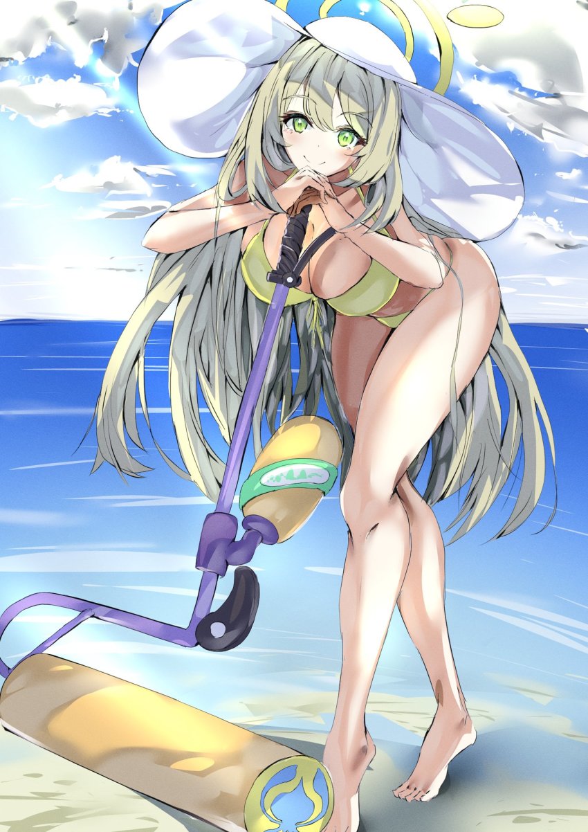 1girl barefoot beach bikini blue_archive blue_sky breasts day flingza_roller_(splatoon) flower front-tie_bikini_top front-tie_top green_eyes halo hat hat_flower highres honehone_(xsnk8483) horizon large_breasts light_brown_hair looking_at_viewer nintendo nonomi_(blue_archive) nonomi_(swimsuit)_(blue_archive) ocean outdoors sand side-tie_bikini_bottom sky smile solo splatoon_(series) splatoon_2 sun_hat swept_bangs swimsuit white_hat yellow_bikini