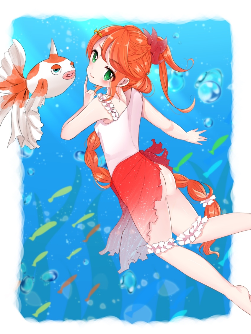 10s 1girl :&gt; air_bubble artistic_error ass bad_id bad_pixiv_id bottomless braid bubble creature_and_personification fish freediving gen_1_pokemon goldeen green_eyes hair_ornament highres jewelry long_hair looking_back nintendo personification pinky_out pokemon pokemon_(creature) pokemon_go puffy_lips ranaruta red_hair swimming thighlet underwater