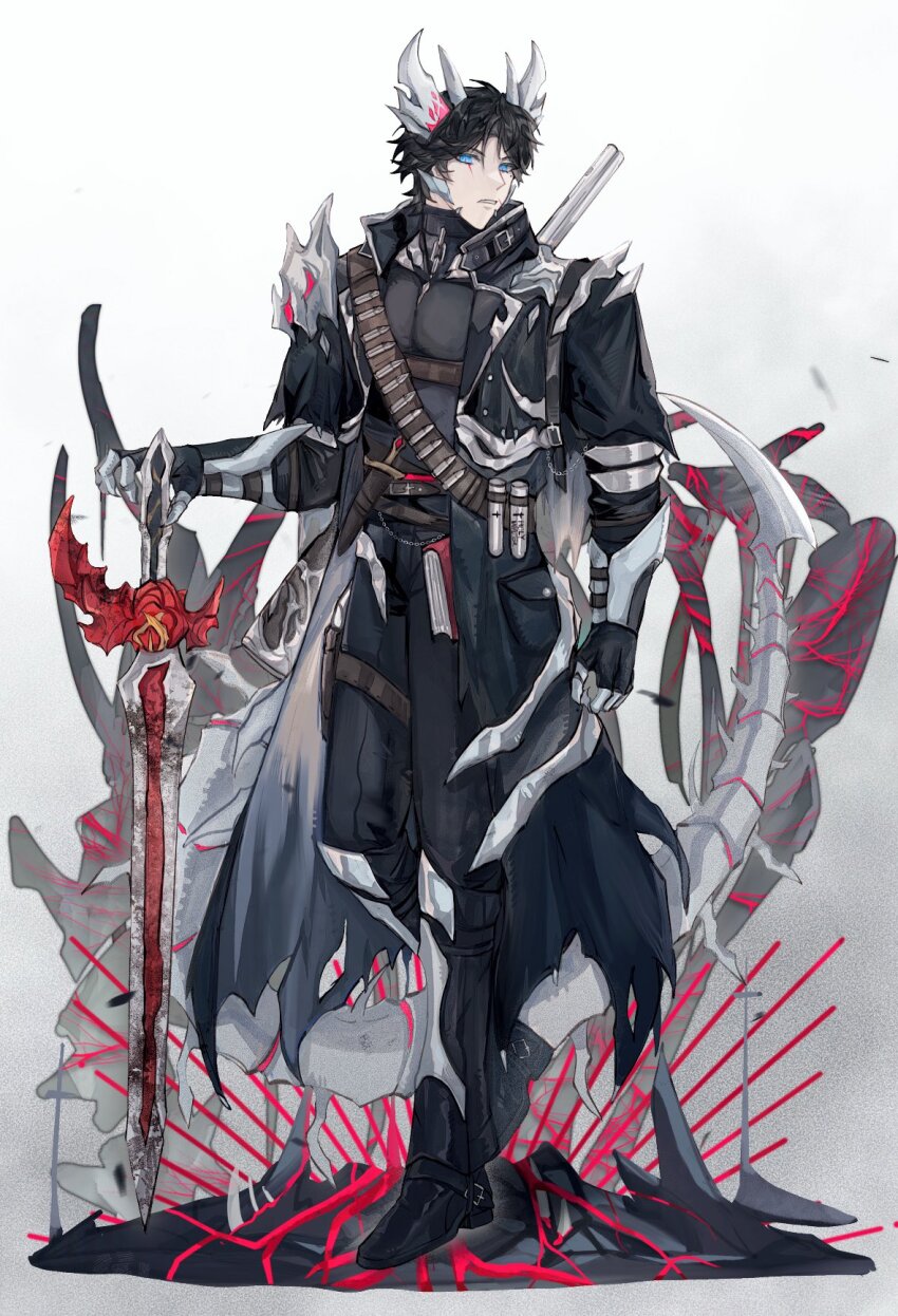 1boy adapted_costume armored_boots armored_gloves bandolier belt black_coat black_hair black_jacket black_pants black_shirt blue_eyes blue_horns bone bone_armor book boots bullet coat dragon_boy dragon_horns dragon_tail full_body glowing glowing_eyes goth_fashion highres holding_behind_back holding_weapon_behind_back horns jacket kamen_rider kamen_rider_saber kamen_rider_saber_(series) kamen_rider_saber_primitive_dragon_brave_dragon kamiyama_touma leg_up male_focus meowq pants planted planted_sword planted_weapon potion shirt sword tail torn_clothes weapon weapon_on_back