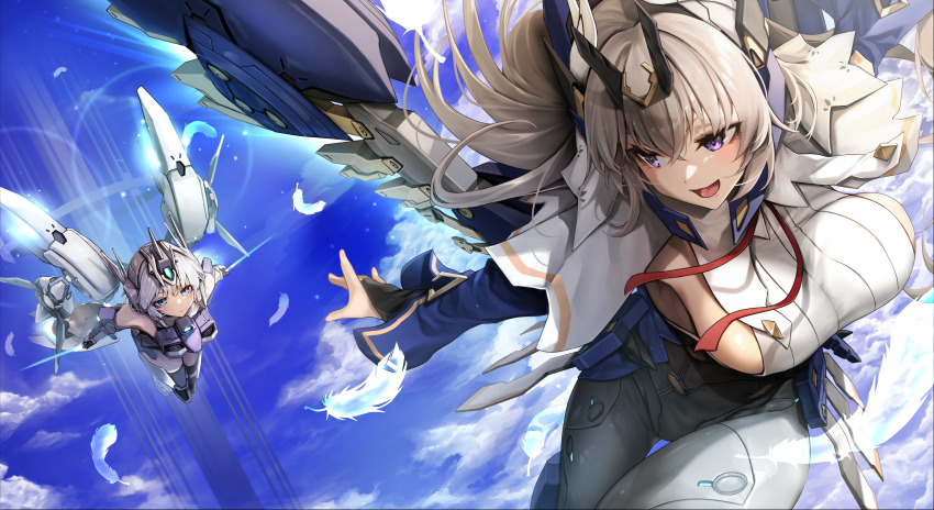 1girl 2girls armor blue_eyes blue_sky blush bodysuit breasts capelet cloud day detached_sleeves feathers flying grey_eyes grey_hair griffin_(starward) hair_between_eyes headgear highres large_breasts long_hair long_sleeves mecha_musume mechanical_wings multiple_girls open_mouth outdoors purple_eyes sakesakana_(korezyanai) short_hair sideboob sky sky_saber_(starward) smile starward weapon white_hair wings