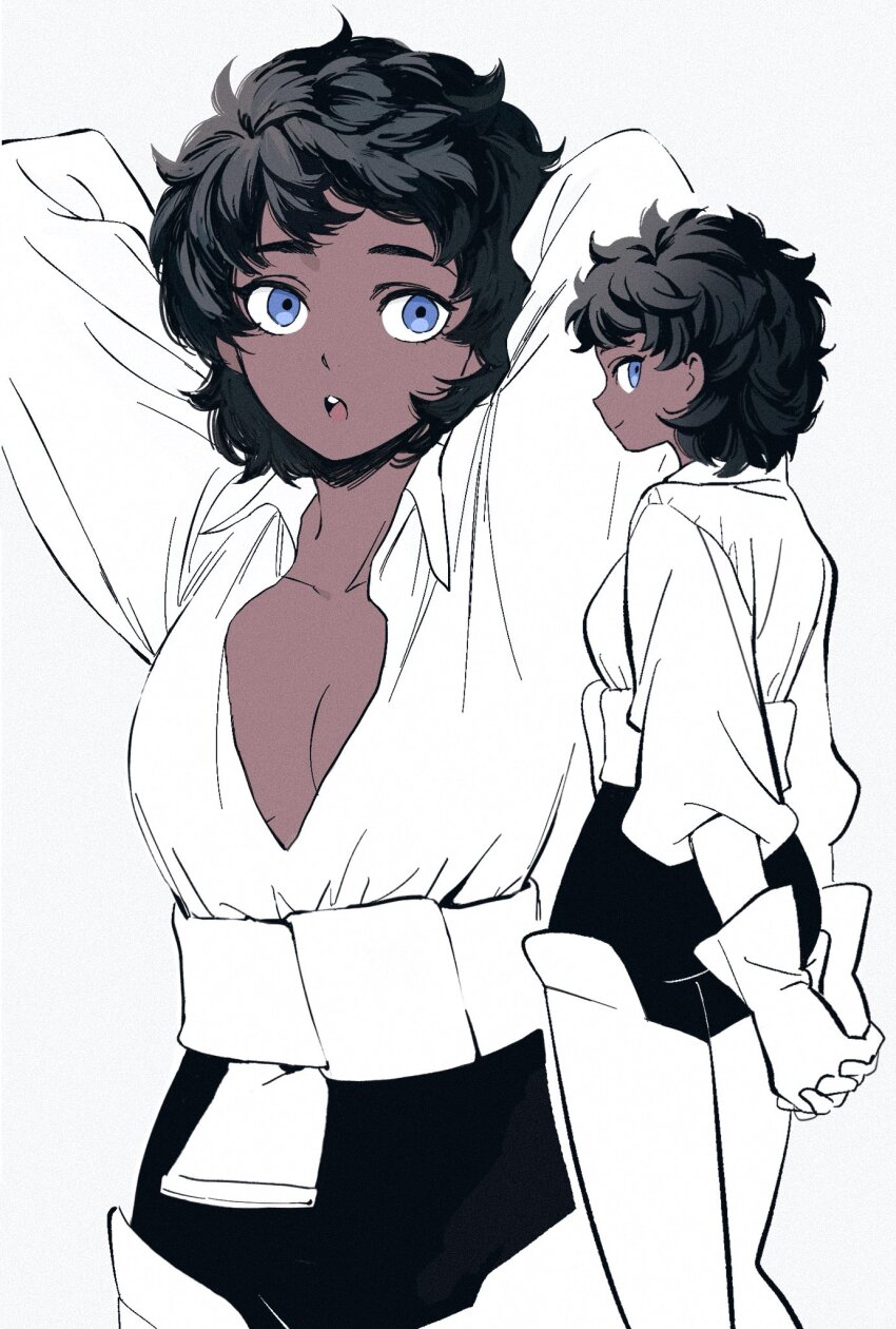 1girl arms_behind_back arms_behind_head black_hair black_pants blue_eyes boots breasts center_opening cleavage clothes_around_waist commentary_request curly_hair dark-skinned_female dark_skin dungeon_meshi frs2 genderswap genderswap_(mtf) gloves highres kabru korean_commentary looking_to_the_side own_hands_together pants partially_colored shirt short_hair small_breasts thigh_boots white_background