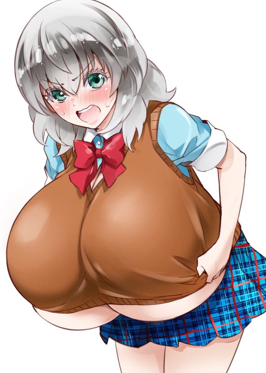 1girl alternate_breast_size binbougami_ga! blush bow breast_expansion breasts clothes_pull green_eyes highres leaning_forward looking_at_viewer miniskirt plaid_clothes plaid_skirt sakura_ichiko school_uniform short_hair silver_hair skirt sleeves_rolled_up smile solo standing sukeno_yoshiaki sweater_vest underboob