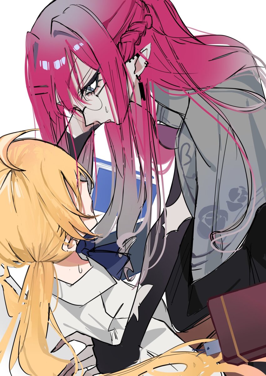 2girls ahoge artoria_caster_(fate) artoria_pendragon_(fate) baobhan_sith_(fate) baobhan_sith_(swimsuit_pretender)_(fate) baobhan_sith_(swimsuit_pretender)_(second_ascension)_(fate) blonde_hair book capelet commentary_request earrings fate/grand_order fate_(series) girl_on_top grey_capelet grey_eyes highres jewelry long_hair misawa_mn multiple_girls open_mouth pink_hair pointy_ears round_eyewear shirt sweatdrop white_background white_shirt yuri