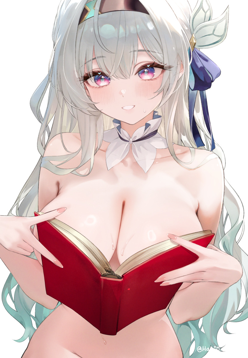 1girl black_bow black_hairband blue_eyes blush boobs_in_book_(meme) book bow breasts collar collarbone commentary_request completely_nude fingernails firefly_(honkai:_star_rail) gradient_hair green_hair grey_hair groin hair_bow hairband harin_05 highres holding holding_book honkai:_star_rail honkai_(series) large_breasts long_fingernails looking_at_viewer meme multicolored_eyes multicolored_hair nude out-of-frame_censoring pink_eyes simple_background smile solo stomach sweat twitter_username two-tone_eyes white_background white_collar