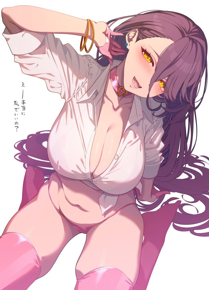 1girl absurdres blush bracelet breasts brown_hair character_request cleavage collarbone copyright_request highres jewelry large_breasts long_hair looking_at_viewer navel open_mouth panties pink_panties pink_thighhighs santa_(sunflower) sitting smile solo thighhighs thighs underwear wariza yellow_eyes