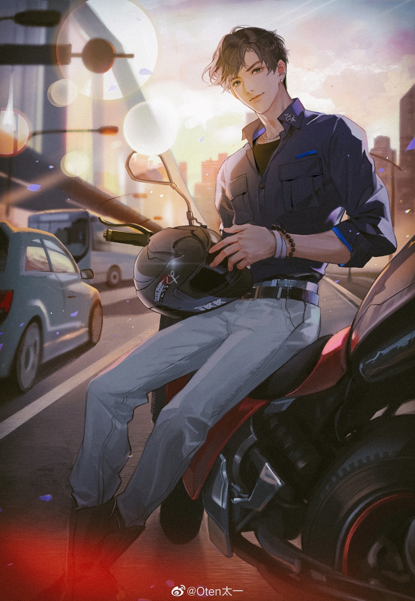 1boy absurdres belt black_belt black_hair black_shirt black_shoes blurry boots bracelet breast_pocket brown_hair building car city closed_mouth cloud collared_shirt denim full_body green_eyes grey_pants helmet highres holding holding_helmet jacket jewelry lens_flare light_and_night_love looking_at_viewer male_focus motor_vehicle motorcycle motorcycle_helmet oten outdoors pants pocket shirt shoes short_hair sitting sky sleeves_rolled_up smile solo unworn_headwear unworn_helmet watch watermark weibo_watermark wristwatch xiao_yi_(light_and_night_love)
