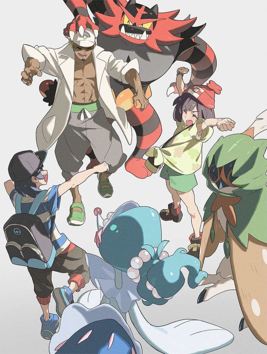 1girl 2boys abs arms_up backpack bag baseball_cap beanie black_bag black_hair black_hat black_pants black_shoes blue_shirt blue_shoes bracelet brown_hair capri_pants claws closed_eyes coat commentary daniel_deng dark-skinned_male dark_skin decidueye drawstring elio_(pokemon) english_commentary facial_hair fangs film_grain floral_print gen_7_pokemon goatee green-framed_eyewear green_shoes green_shorts grey_pants hand_on_another&#039;s_head hat highres incineroar jewelry kukui_(pokemon) lab_coat lapels medium_hair multiple_boys nintendo no_shirt open_clothes open_coat open_mouth outstretched_arms pants pearl_hair_ornament pokemon pokemon_(creature) pokemon_sm primarina red_hat selene_(pokemon) sharp_teeth shirt shoes short_hair short_sleeves shorts shoulder_bag sleeves_rolled_up smile standing standing_on_one_leg starter_pokemon_trio striped_clothes striped_shirt sunglasses swept_bangs teeth white_background white_coat white_hat yellow_shirt