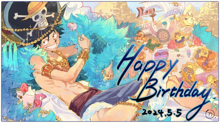 1boy 2024 20s blonde_hair blue_shorts bracelet brook_(one_piece) cake commentary crown dated eating food fork franky_(one_piece) going_merry green_hair happy_birthday hat highres holding holding_fork jewelry jinbe_(one_piece) jolly_roger monkey_d._luffy nami_(one_piece) nico_robin nico_robin_(return_to_sabaody) one_piece pirate_ship roronoa_zoro sanji_(one_piece) shorts siyangou49 smile straw_hat straw_hat_pirates straw_hats_jolly_roger thousand_sunny tony_tony_chopper topless_male usopp