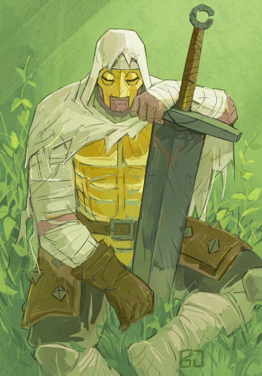 1boy arm_rest arm_up armor armored_legwear bandaged_arm bandages boots breastplate brown_gloves capelet closed_mouth commentary cracked_skin curled_fingers darkest_dungeon feet_out_of_frame gloves grass gwahaeyo half_mask headband highres hood hood_up hooded_capelet leather_armor leper_(darkest_dungeon) male_focus mask on_grass plant planted planted_sword planted_weapon signature single_glove sitting solo sword weapon white_boots white_capelet white_headband yellow_mask