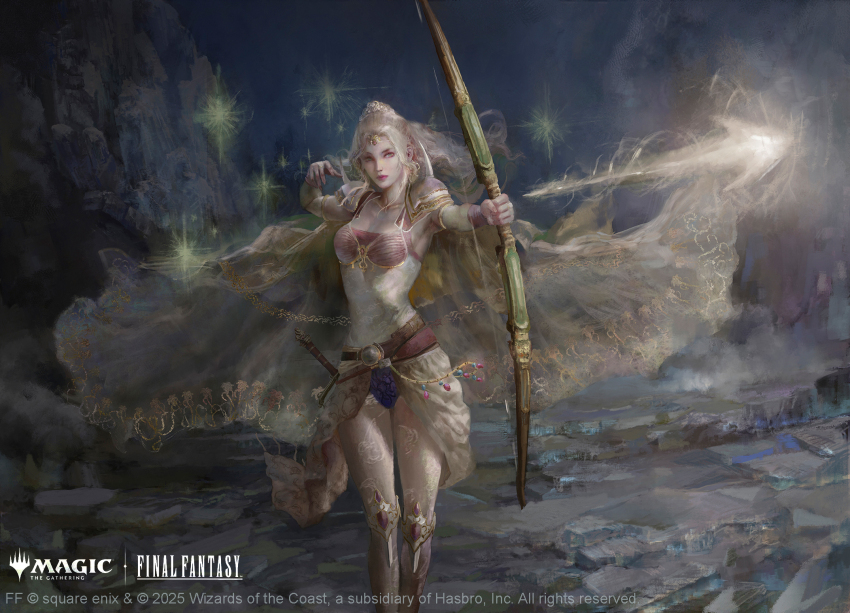 arrow_(projectile) blonde_hair bow_(weapon) breasts cape christian_angel commentary copyright_name copyright_notice english_commentary final_fantasy final_fantasy_iv firing firing_at_viewer glowing_arrow highres magic:_the_gathering official_art rosa_farrell sash standing tiara waist_sash weapon