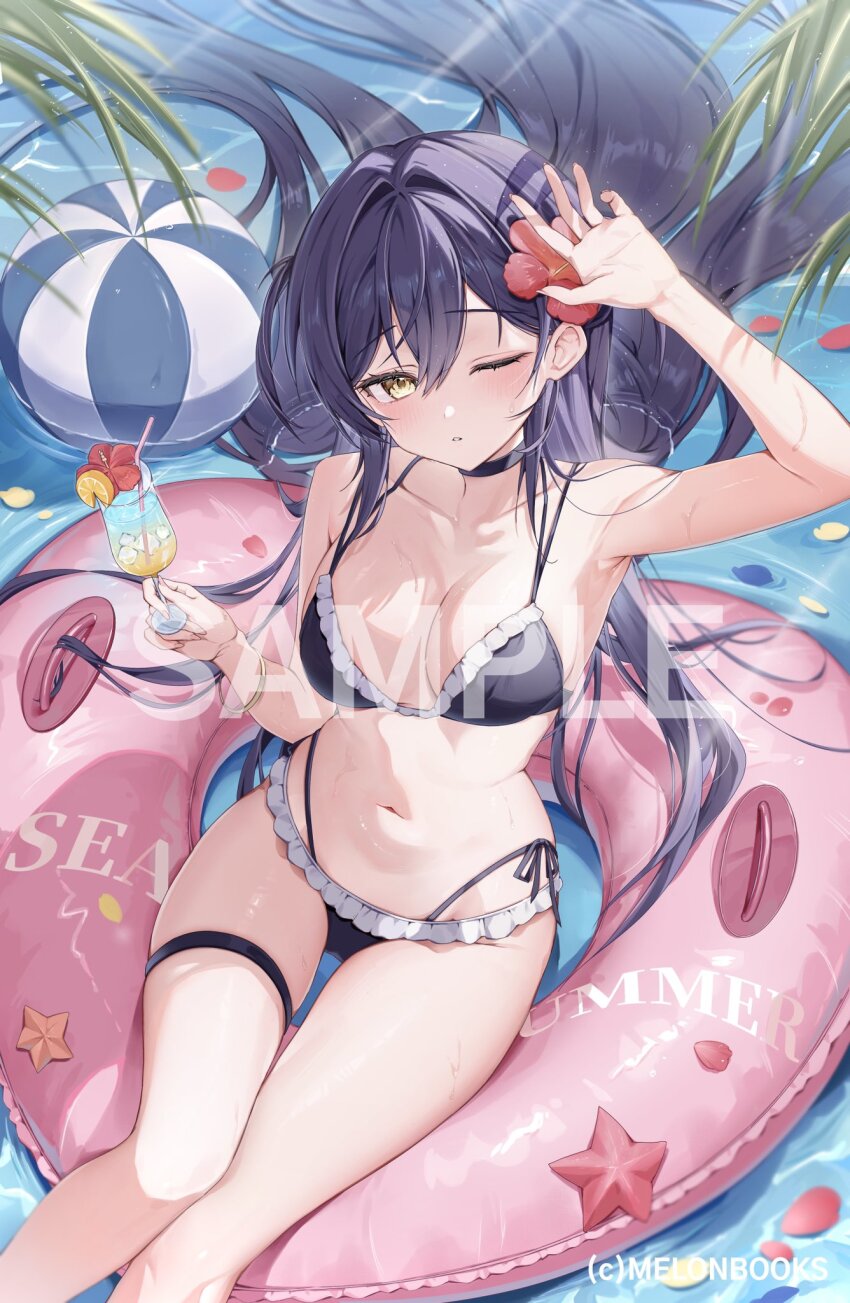 1girl arm_up armpits ball bare_arms bare_shoulders beachball bikini black_bikini black_choker blue_hawaii breasts choker collarbone commentary_request cup drinking_glass feet_out_of_frame floating_hair flower frilled_bikini frills hair_flower hair_ornament heart-shaped_innertube hibiscus highleg highleg_bikini highres hinagikumonnme holding holding_cup hurricane_glass innertube long_hair looking_at_viewer medium_breasts multi-strapped_bikini_top navel one_eye_closed original parted_lips purple_hair shading_eyes side-tie_bikini_bottom sitting solo stomach string_bikini swim_ring swimsuit thigh_strap thighs very_long_hair wet yellow_eyes