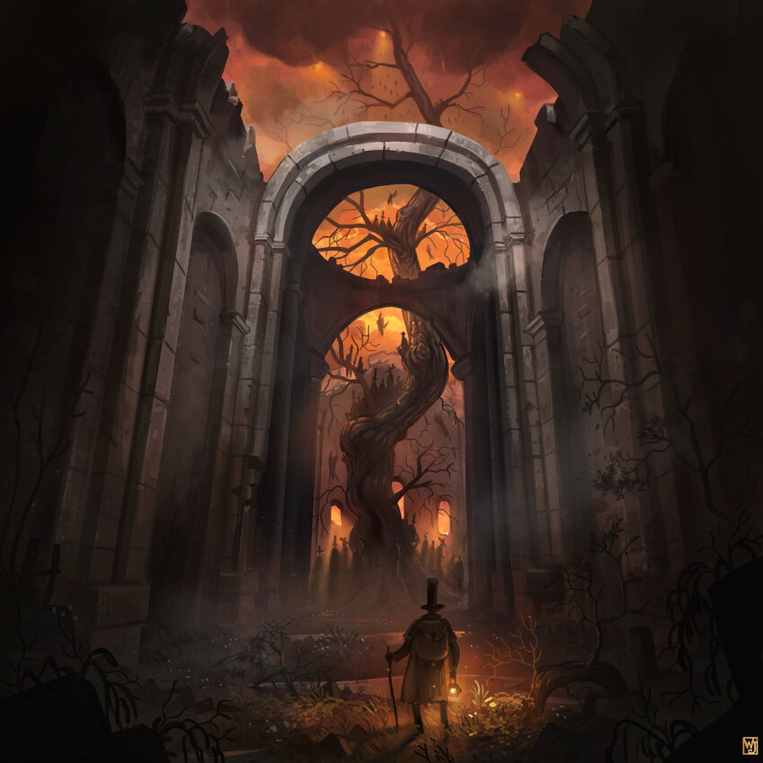 1boy architecture artist_logo backpack bag bare_tree boots building cane cloud cloudy_sky commentary dark english_commentary from_behind hat highres lantern logo nature original outdoors overgrown ruins scenery sky solo standing top_hat tree waltjan
