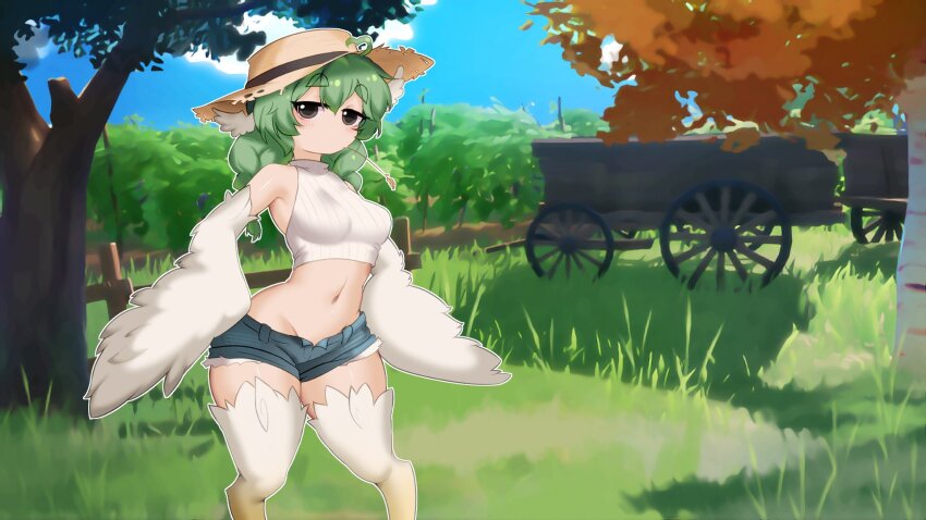 1girl bare_shoulders birb_(niniidawns) bird_legs blush borrowed_character braid breasts brown_eyes commentary crop_top denim denim_shorts english_commentary feathered_wings feathers green_hair hair_between_eyes harpy hat highres long_hair looking_at_viewer medium_breasts monster_girl mouth_hold navel niniidawns open_fly original outdoors short_shorts shorts sleeveless solo stalk_in_mouth straw_hat turtleneck twibli1 twin_braids wagon white_feathers white_wings wide_hips wing_ears winged_arms wings