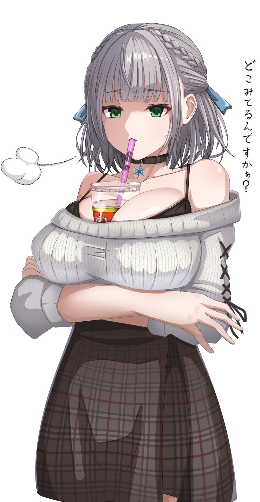 1girl absurdres arms_under_breasts black_bra black_choker bra breasts brown_skirt bubble_tea bubble_tea_challenge choker cleavage drinking_straw drinking_straw_in_mouth green_eyes grey_hair grey_shirt highres hololive large_breasts looking_at_viewer micon official_alternate_costume plaid_clothes plaid_skirt shirogane_noel shirogane_noel_(casual) shirt short_hair skirt solo underwear virtual_youtuber