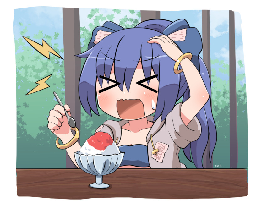 &gt;_&lt; 1girl bangle blue_bow blue_hair blush bow bracelet brain_freeze breasts cleavage collarbone commentary_request drawstring food grey_hoodie hair_bow hand_on_own_head holding holding_spoon hood hood_down hoodie jewelry long_hair open_clothes open_hoodie open_mouth patch rokugou_daisuke shaved_ice short_sleeves sidelocks signature solo spoon sweatdrop touhou wavy_mouth yorigami_shion