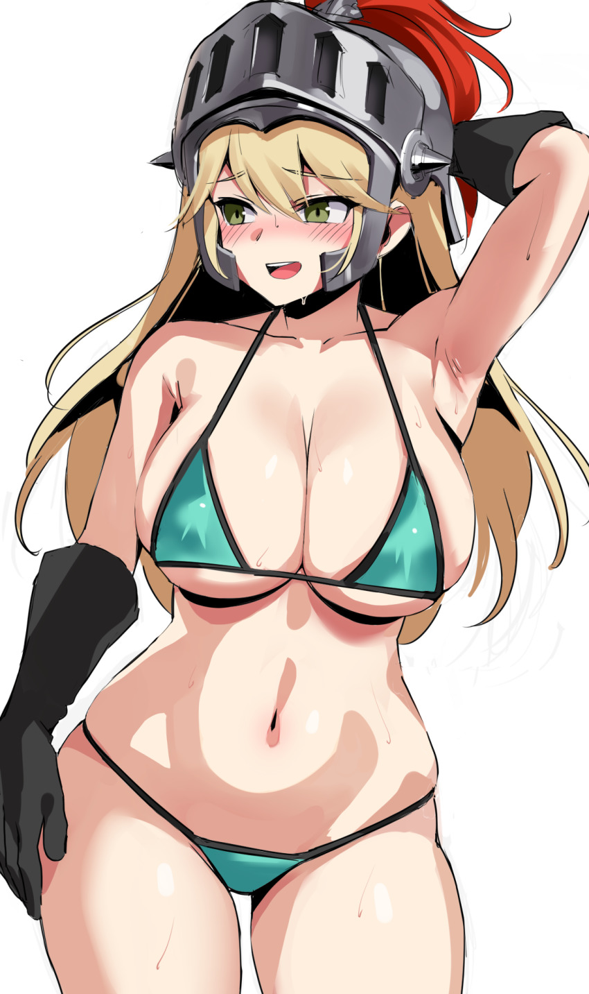 1girl arm_behind_head arm_up armpits bikini black_gloves blonde_hair blue_bikini blush breasts cleavage collarbone cowboy_shot female_knight_(guardian_tales) gloves green_eyes guardian_tales helmet highres large_breasts long_hair looking_to_the_side navel ndgd open_mouth simple_background solo standing sweat swimsuit teeth upper_teeth_only white_background