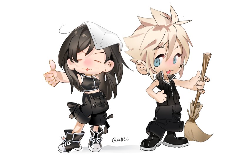 1boy 1girl 4k1030 absurdres apron bare_shoulders black_apron black_hair black_pants black_shirt black_shorts black_vest blonde_hair blue_eyes breasts broom closed_eyes cloud_strife earrings facing_viewer final_fantasy final_fantasy_vii final_fantasy_vii:_advent_children full_body highres holding holding_broom jewelry long_hair looking_at_viewer medium_breasts midriff_peek open_mouth pants popped_collar shirt short_hair shorts single_earring sleeveless sleeveless_shirt spiked_hair standing thumbs_up tifa_lockhart twitter_username vest waist_apron zipper