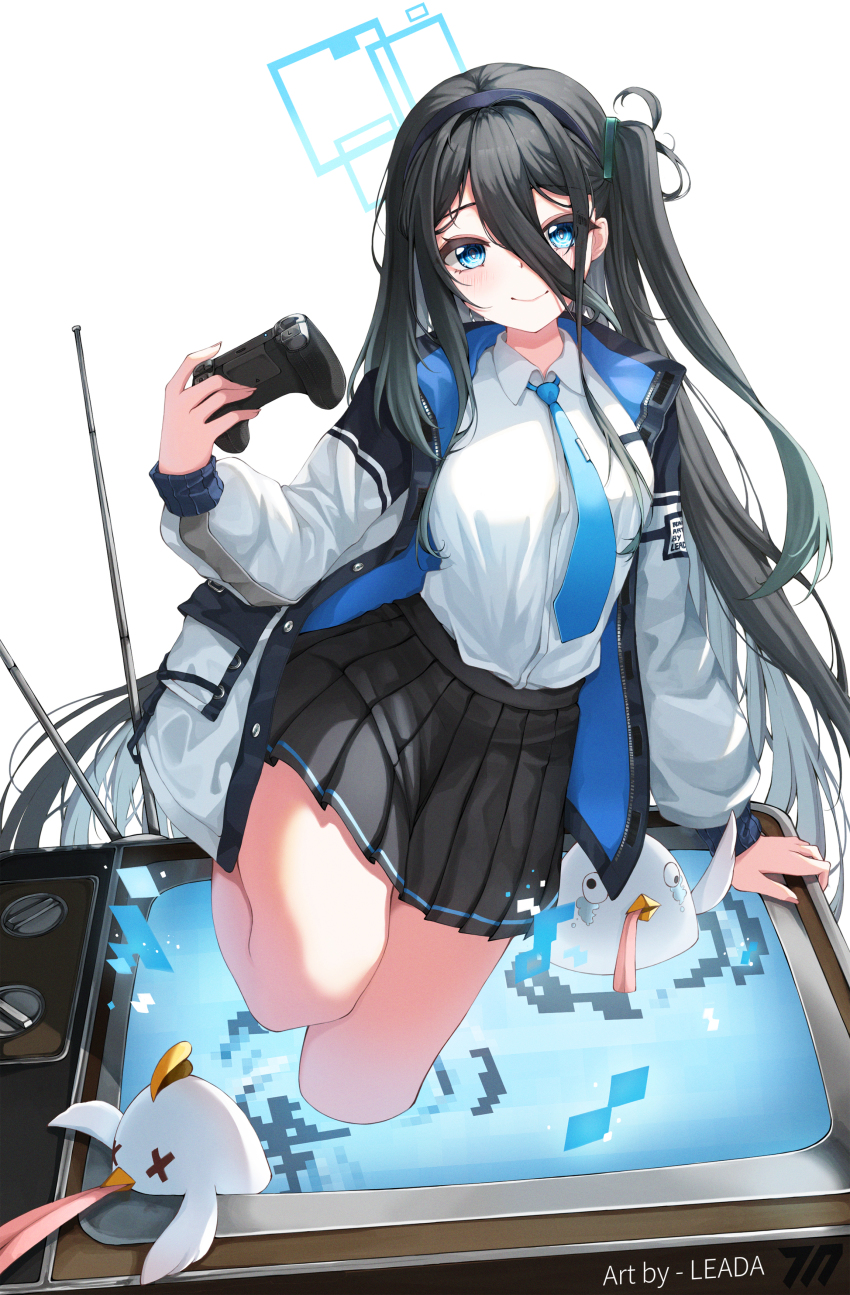 1girl absurdres aris_(blue_archive) artist_name black_hair black_skirt blue_archive blue_eyes blue_necktie breasts collared_shirt controller crt game_controller hair_between_eyes halo highres holding holding_controller holding_game_controller jacket leada long_hair long_hair_between_eyes long_sleeves looking_at_viewer medium_breasts necktie peroro_(blue_archive) pleated_skirt rabbit_ears_antenna rectangular_halo school_uniform shirt side_ponytail simple_background skirt smile solo television very_long_hair white_background white_jacket white_shirt