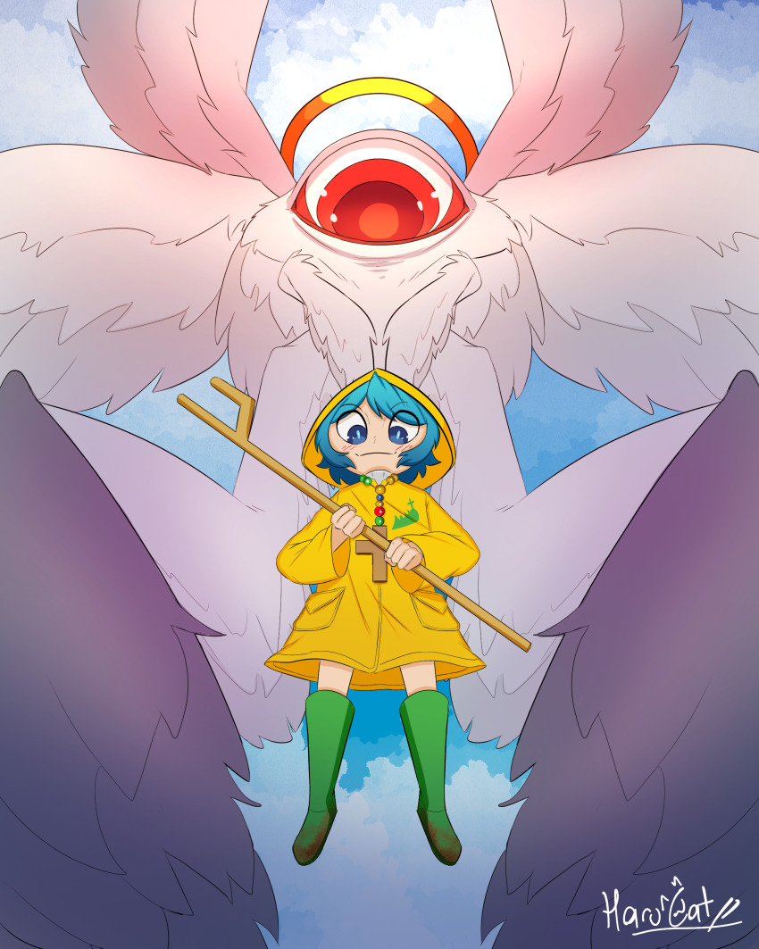 1girl absurdres angel biblically_accurate_angel blue_eyes blue_hair blush boots cane cross cross_necklace green_boots halo highres holding holding_cane hood hood_up jewelry looking_at_viewer luce_(jubilee_2025) necklace original raincoat red_eyes rubber_boots short_hair signature smile solo yellow_halo yellow_raincoat