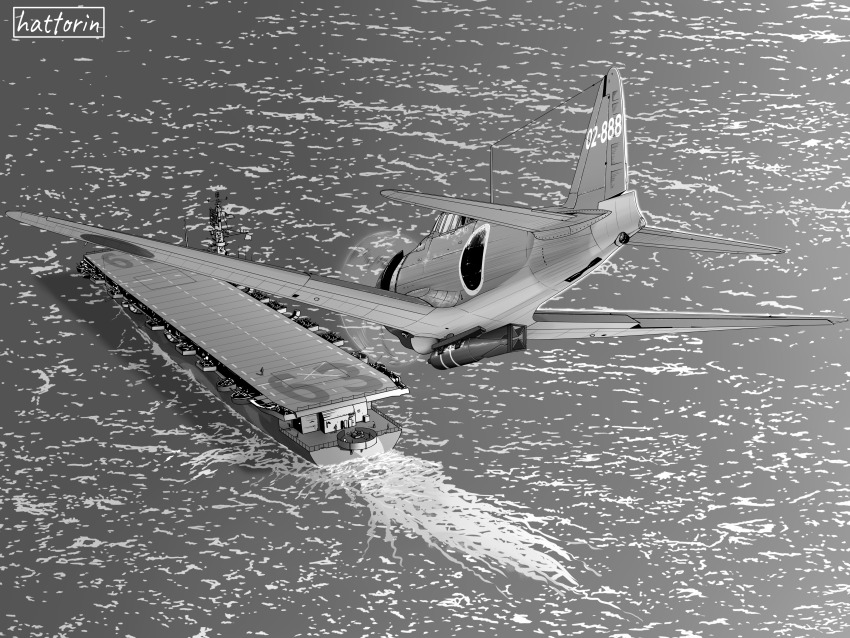 a6m_zero absurdres aircraft aircraft_carrier airplane anti-aircraft anti-aircraft_gun artist_name battle_of_leyte_gulf bomb casablanca_class_escort_carrier commentary english_commentary explosive greyscale hattorin highres historical_event imperial_japanese_navy military military_vehicle monochrome ocean original propeller_fighter ship united_states_navy uss_st._lo_(cve-63) warship watercraft world_war_ii