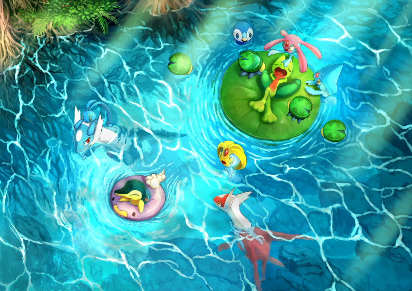 azelf cyndaquil float gen_2_pokemon gen_3_pokemon gen_4_pokemon karamimame latias latios legendary_pokemon lily_pad lotad manaphy mesprit mythical_pokemon nintendo no_humans partially_submerged piplup pokemon pokemon_(creature) sleeping treecko water