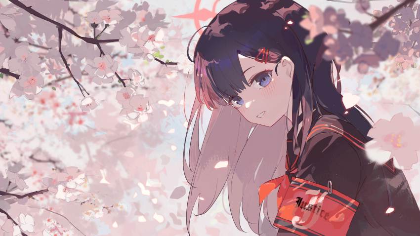 1girl absurdres armband bilibalakonglijiwa black_choker black_hair black_sailor_collar black_shirt blue_archive blue_eyes blush cherry_blossoms choker hair_behind_ear hair_ornament hairclip highres ichika_(blue_archive) long_hair looking_at_viewer neckerchief parted_lips red_armband red_neckerchief sailor_collar shirt smile solo upper_body