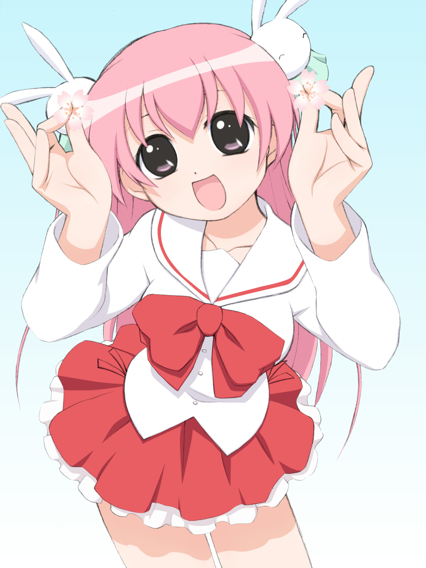1girl :d absurdres bow cherry_blossoms elf_k female_focus flower gradient_background hair_ornament highres long_hair long_sleeves misha misha_(pita_ten) open_mouth pink_hair pita_ten purple_eyes rabbit_hair_ornament red_skirt school_uniform simple_background skirt smile solo