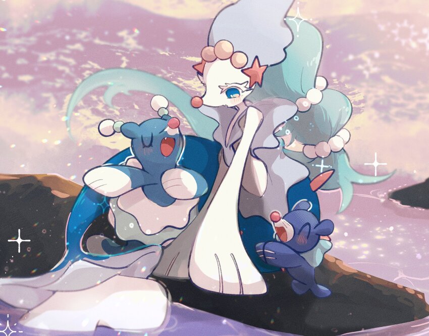 blue_eyes blue_hair blue_sclera brionne clapping closed_eyes clown_nose colored_eyelashes colored_sclera colored_skin evolutionary_line fang flippers gem gen_7_pokemon hand_on_own_chest highres light_blush long_hair looking_at_another mermaid monster_girl multi-tied_hair music nintendo no_humans ocean on_rock open_mouth pearl_(gemstone) pearl_hair_ornament pokemon pokemon_(creature) pokemon_focus popplio primarina sea_lion singing smile snout sparkle sstoh starfish_hair_ornament u_u water white_skin