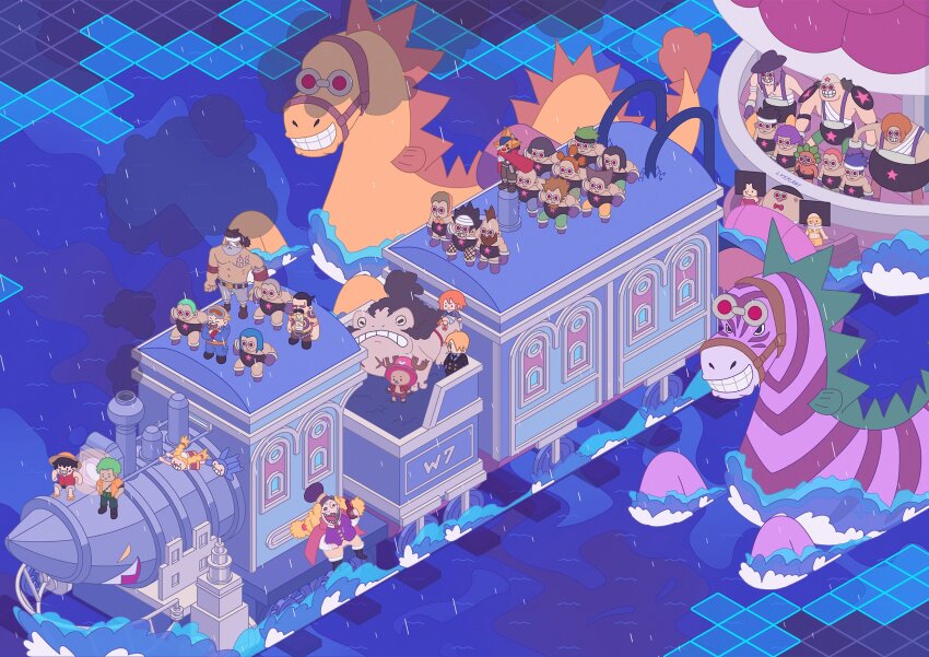 5girls 6+boys animal antlers beard black_hair blue_hair cape child chimney_(one_piece) clenched_teeth commentary dago_(one_piece) facial_hair footbianco gomorrah_(one_piece) gonbe_(one_piece) green_hair hat highres horns isometric kief_(one_piece) kiwi_(one_piece) kokoro_(one_piece) kop_(one_piece) lv5plant mask monkey_d._luffy mos_(one_piece) multiple_boys multiple_girls nami_(one_piece) nami_(one_piece)_(enies_lobby) one_piece ottoland paulie_(one_piece) peeply_lulu pink_hat purple_hair rain red_cape red_shirt reindeer_antlers roronoa_zoro sanji_(one_piece) shirt siblings sisters smile sodom_(one_piece) sogeking straw_hat tamagon_(one_piece) teeth tilestone_(one_piece) tony_tony_chopper topless_male train twintails usopp yellow_shirt yokozuna_(one_piece) zambai