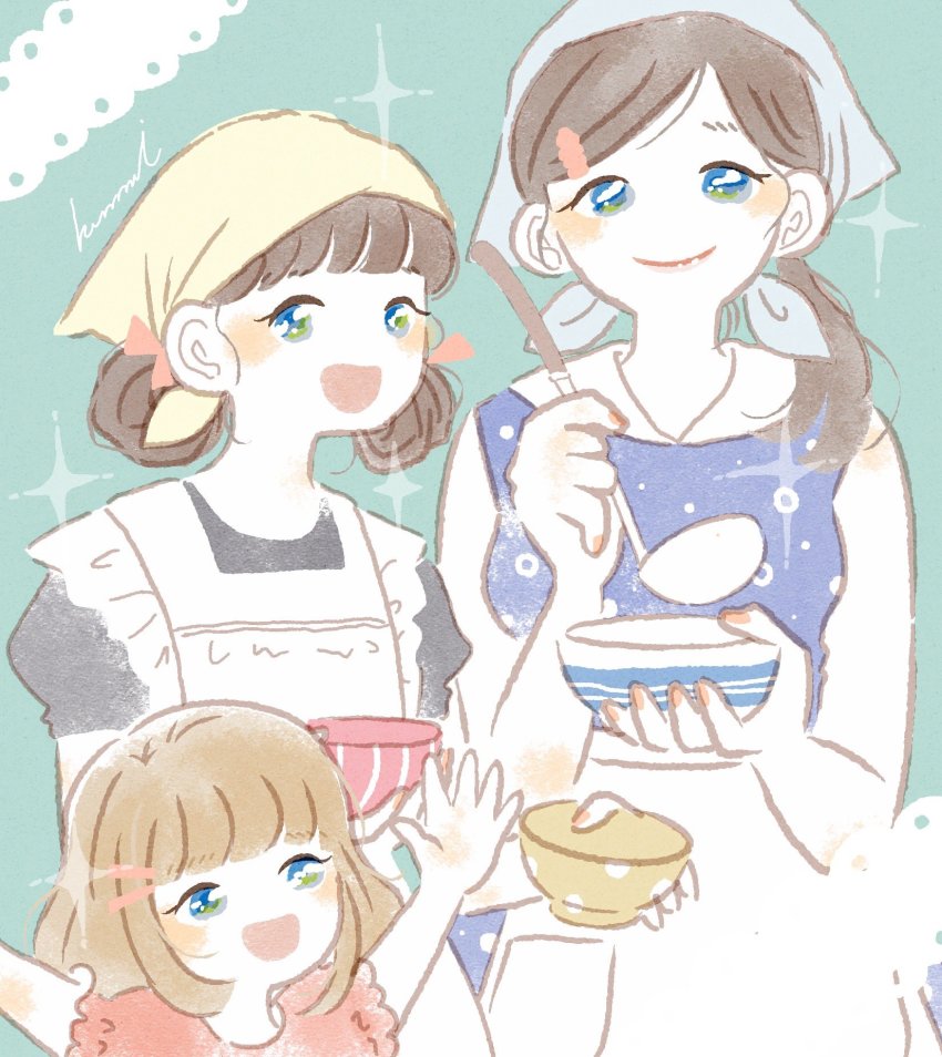 3girls apron aqua_background aqua_headband arms_up blue_dress blue_eyes blunt_bangs blush_stickers bob_cut bowl brown_hair closed_mouth collared_dress colored_skin double_bun dress frilled_apron frilled_sleeves frills green_eyes hair_bun hair_ornament hair_ribbon hair_up hairclip happy headband height_difference highres holding holding_bowl holding_ladle kawamoto_akari kawamoto_hinata kawamoto_momo kumami_illust lace_background ladle light_brown_hair light_smile lips looking_afar looking_at_viewer multicolored_eyes multiple_girls no_nose open_mouth outstretched_arms pale_color parted_bangs pink_shirt polka_dot polka_dot_dress puffy_short_sleeves puffy_sleeves ribbon sangatsu_no_lion shirt short_hair short_sleeves siblings side_ponytail sideways_glance signature simple_background sisters sleeveless sleeveless_dress sparkle sparkle_background striped tsurime vertical_stripes waist_apron white_apron white_skin yellow_headband