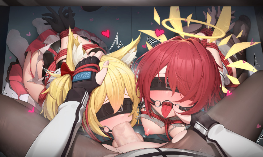 1futa 2girls absurdres animal_ear_fluff animal_ears arknights arms_behind_back artist_collaboration black_blindfold black_gloves black_pantyhose blindfold blonde_hair breasts censored commentary detached_wings exusiai_(arknights) fellatio fingerless_gloves futa_with_female futanari futanari_pov gag gagged gloves group_sex halo heart highres large_variant_set long_sleeves master117 medium_breasts mosaic_censoring multiple_girls nipples open_mouth oral pantyhose penis pov pov_crotch pov_hands red_hair ring_gag shibari short_hair smlltb sora_(arknights) testicles texas_(arknights) threesome tongue tongue_out torn_clothes torn_pantyhose variant_set wings wolf_ears wolf_girl yellow_halo
