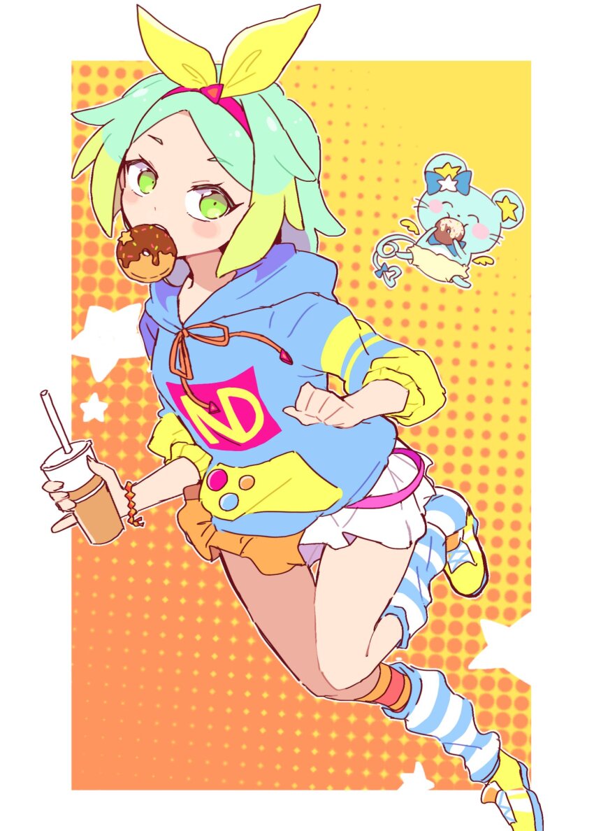 1girl blue_bow blue_hoodie blush border bow bracelet chuppe closed_eyes commentary cup disposable_cup donut eating food full_body green_eyes green_hair hair_bow hairband highres holding holding_cup hood hoodie idol_time_pripara jewelry leg_warmers looking_at_viewer mouse_(animal) mouth_hold multicolored_hair nijiiro_nino nojima_minami pink_hairband pleated_skirt pretty_series pripara running shoes short_hair skirt sneakers socks star_(symbol) striped_clothes striped_socks symbol-only_commentary two-tone_hair white_border yellow_bow yellow_shoes