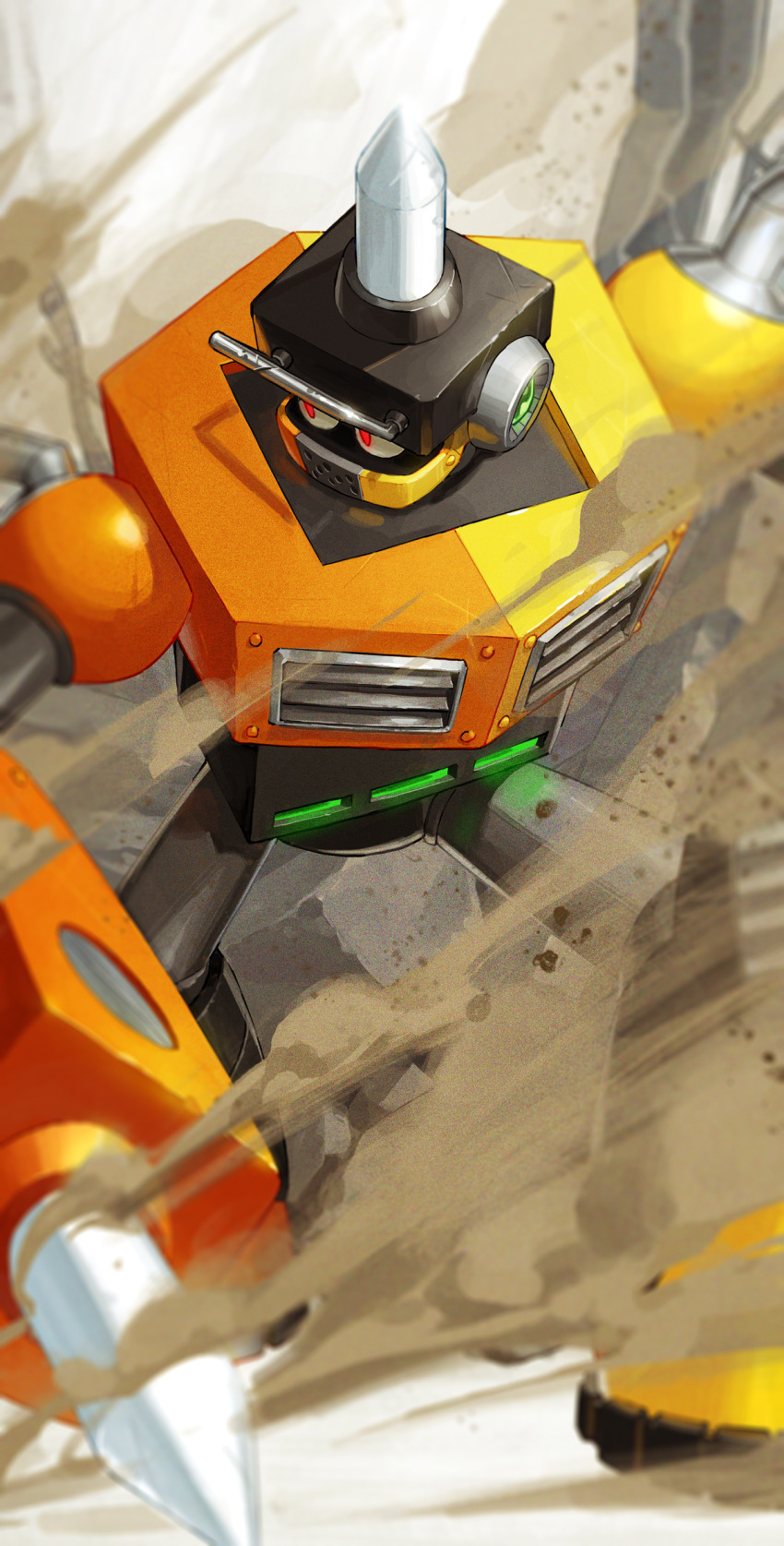 1boy arm_cannon armor armored_boots boots commentary_request covered_mouth dust film_grain full_body highres humanoid_robot impact_man kangso leaning_forward looking_to_the_side male_focus mega_man_(classic) mega_man_(series) mega_man_11 orange_armor red_eyes robot robot_ears rock solo weapon yellow_armor