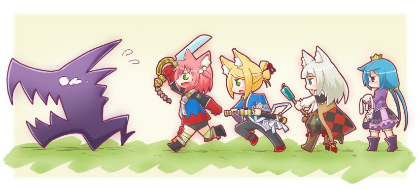 4girls 7th_dragon 7th_dragon_(series) animal_ear_fluff animal_ears argyle black_footwear black_jacket black_shorts blonde_hair blue_eyes blue_hair boots border brown_footwear cape cat_ears character_request crown demon dress fighter_(7th_dragon) full_body gloves green_eyes hair_bun harukara_(7th_dragon) holding holding_staff holding_sword holding_weapon ikurakun_(7th_dragon) jacket japanese_clothes katana long_hair long_sleeves mage_(7th_dragon) multiple_girls naga_u open_mouth pink_hair purple_dress purple_eyes purple_footwear red_cape red_gloves running short_hair shorts single_hair_bun staff sword twintails weapon white_border white_hair