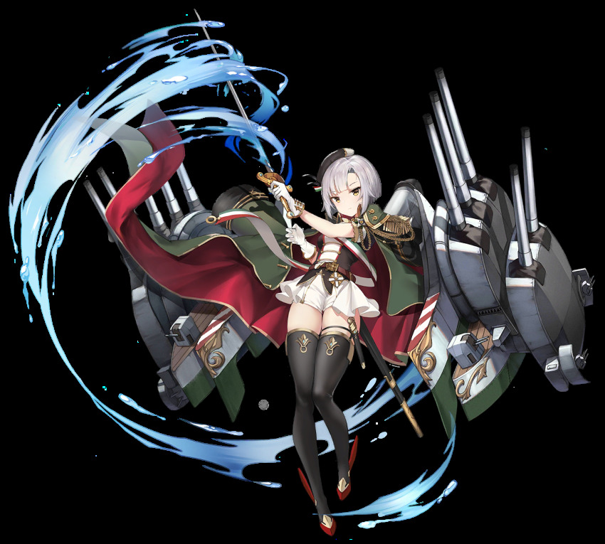 1girl alisa_(kuro_no_sakura) artist_request azur_lane beret cape conte_di_cavour_(azur_lane) female_focus hat headgear highres military military_uniform multiple_expressions official_art short_hair silver_hair solo sword thighhighs transparent_background water weapon yellow_eyes