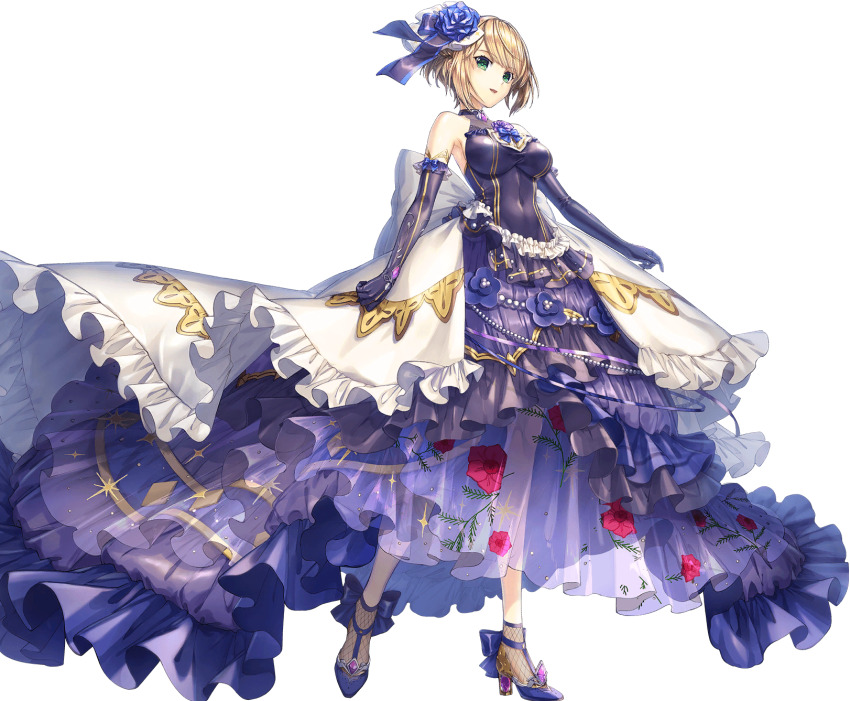 1girl artist_request bare_shoulders blonde_hair breasts covered_navel detached_sleeves dress floral_print flower full_body game_cg green_hair hair_flower hair_ornament high_heels highres official_alternate_costume official_art open_mouth purple_dress sideboob solo source_request transparent_background trista_(unitia) unitia