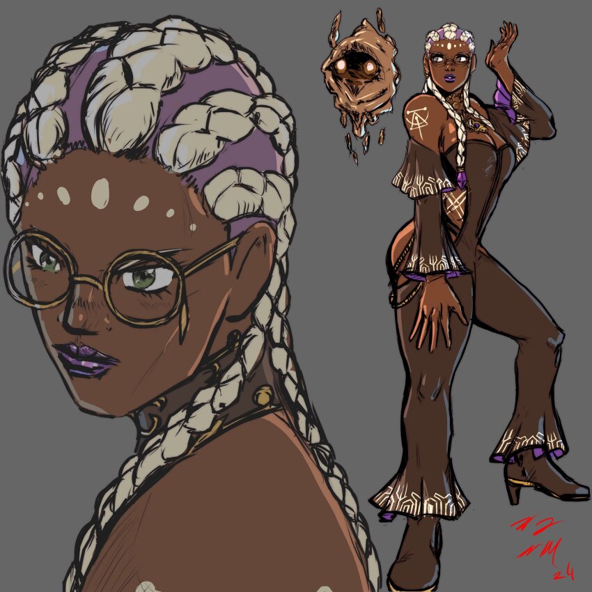 1girl ass bodypaint braid braided_ponytail breasts cleavage collar dark-skinned_female dark_skin dolores_(kof) dress female_focus glasses gold green_eyes heel_up jewelry large_breasts leather long_hair multicolored_hair necklace panties purple_hair round_eyewear standing taurence_bell the_king_of_fighters thick_lips thighs two-tone_hair underwear white_hair
