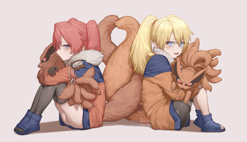 2girls animal back-to-back beige_background black_gloves black_legwear blonde_hair blue_eyes blue_footwear blush claws closed_mouth dual_persona facial_mark fang file-mei fox fox_tail genderswap genderswap_(mtf) gloves glowing glowing_eyes highres holding holding_animal kurama_(naruto) long_hair looking_at_another multiple_girls naruko_(naruto) naruto:_road_to_ninja naruto_(classic) naruto_(series) naruto_shippuuden open_mouth parted_lips purple_eyes red_eyes red_hair simple_background sitting slit_pupils smile tail twintails twitter_username whisker_markings